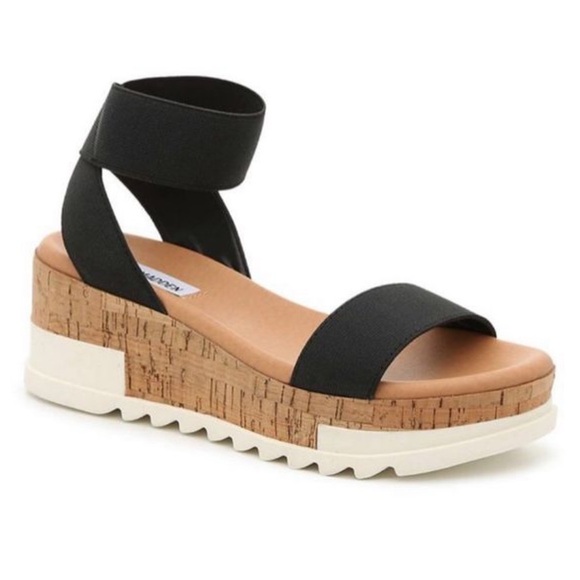 Steve Madden Womens Bandi Black Fabric Tan Cork Wedge Slip On Sandal Size 8 - Picture 1 of 16
